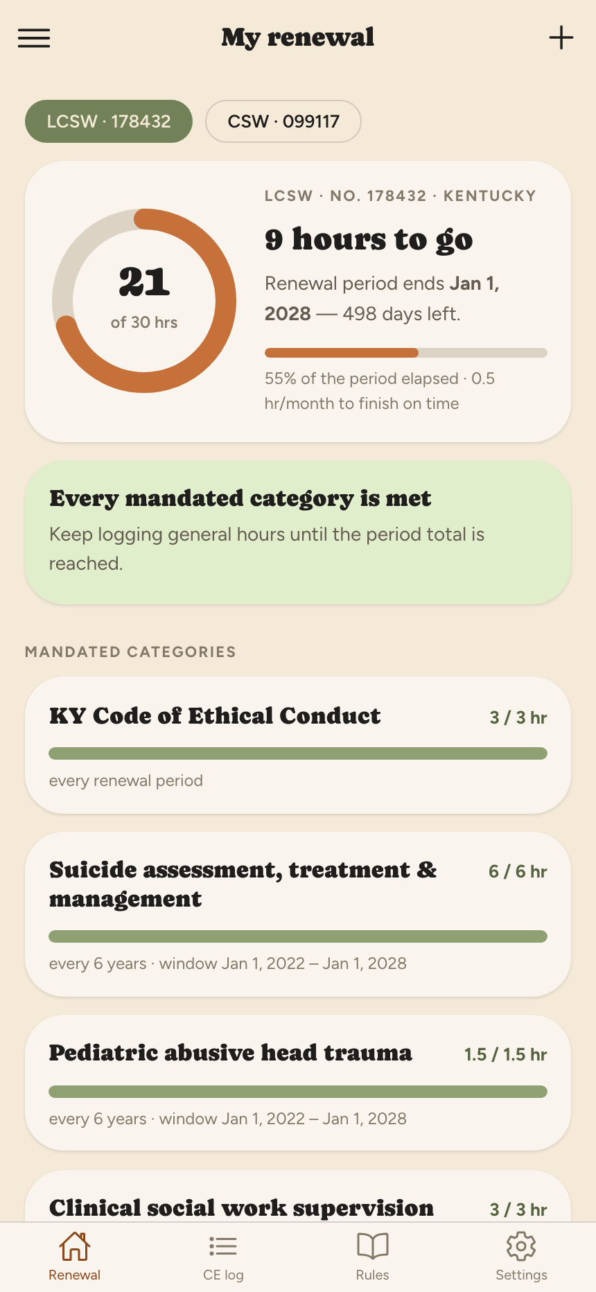 KY CEU Tracker renewal screen: a progress ring showing 21 of 30 hours, the days left in the renewal period, and a list of mandated categories each with its own progress bar
